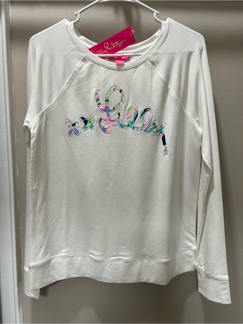 Lilly Pulitzer White Crewneck Sweater with Multicolor Script